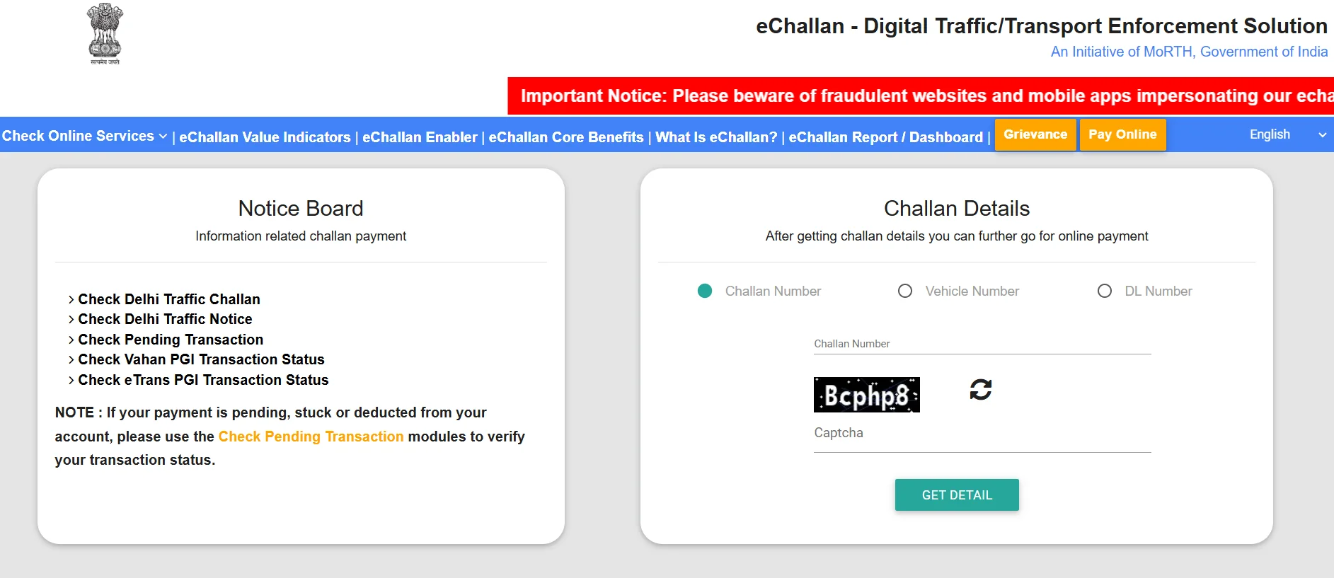 Step 1: Open the official e challan Parivahan website